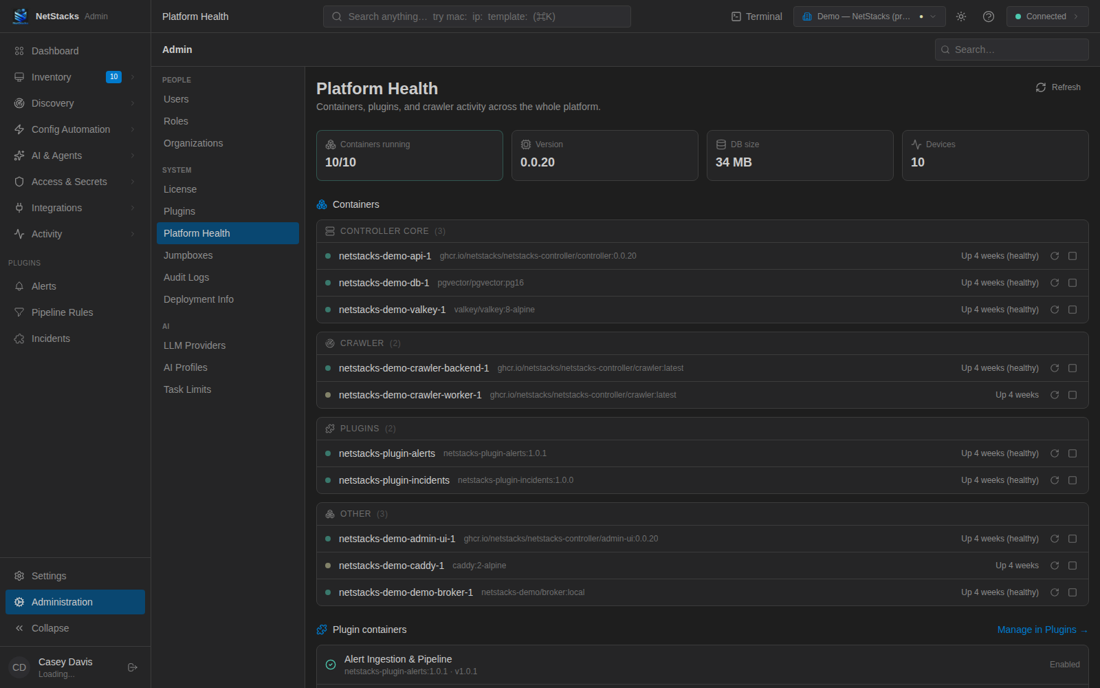Administration, Platform Health page listing Controller core, crawler, plugin and other containers with status and restart and stop buttons