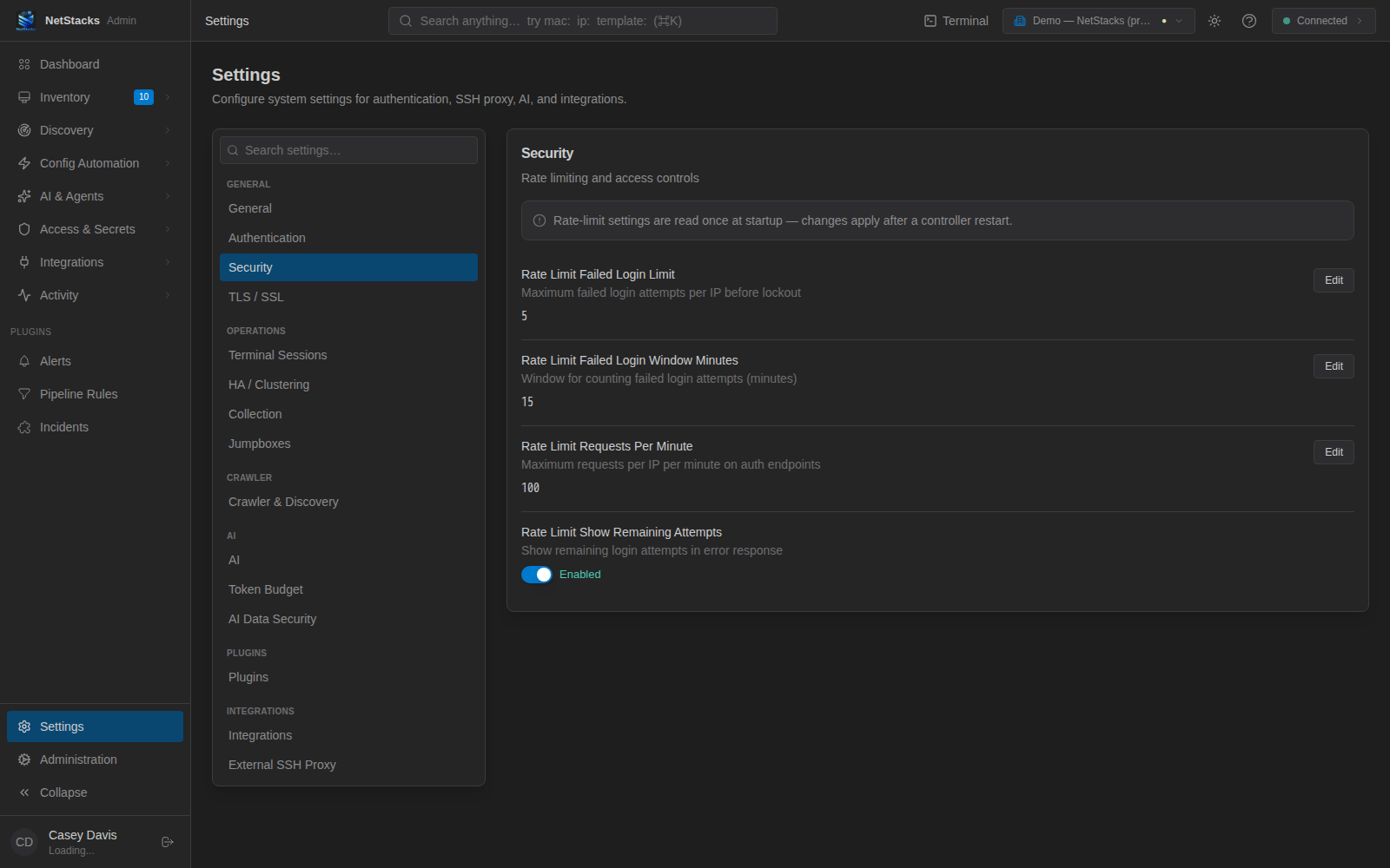 Controller Settings, Security category with Rate Limit Failed Login Limit 5, window 15 minutes, 100 requests per minute and Show Remaining Attempts enabled