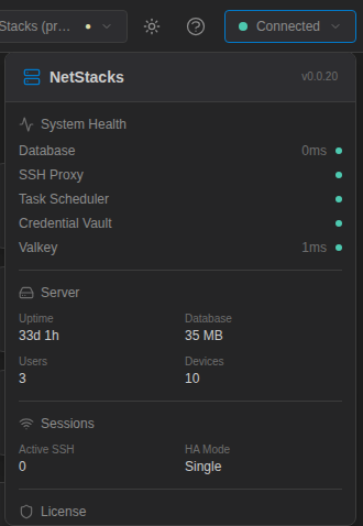 Admin console status popover listing System Health for Database, SSH Proxy, Task Scheduler, Credential Vault and Valkey, plus server uptime and session counts