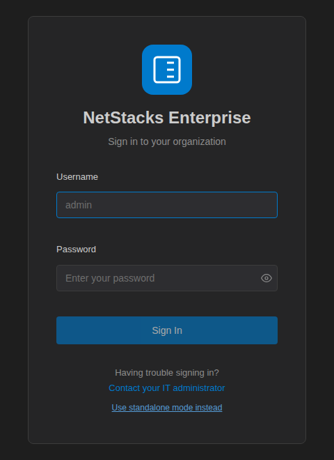 NetStacks Enterprise sign-in screen in the Terminal with Username, Password, Sign In, and the Use standalone mode instead link